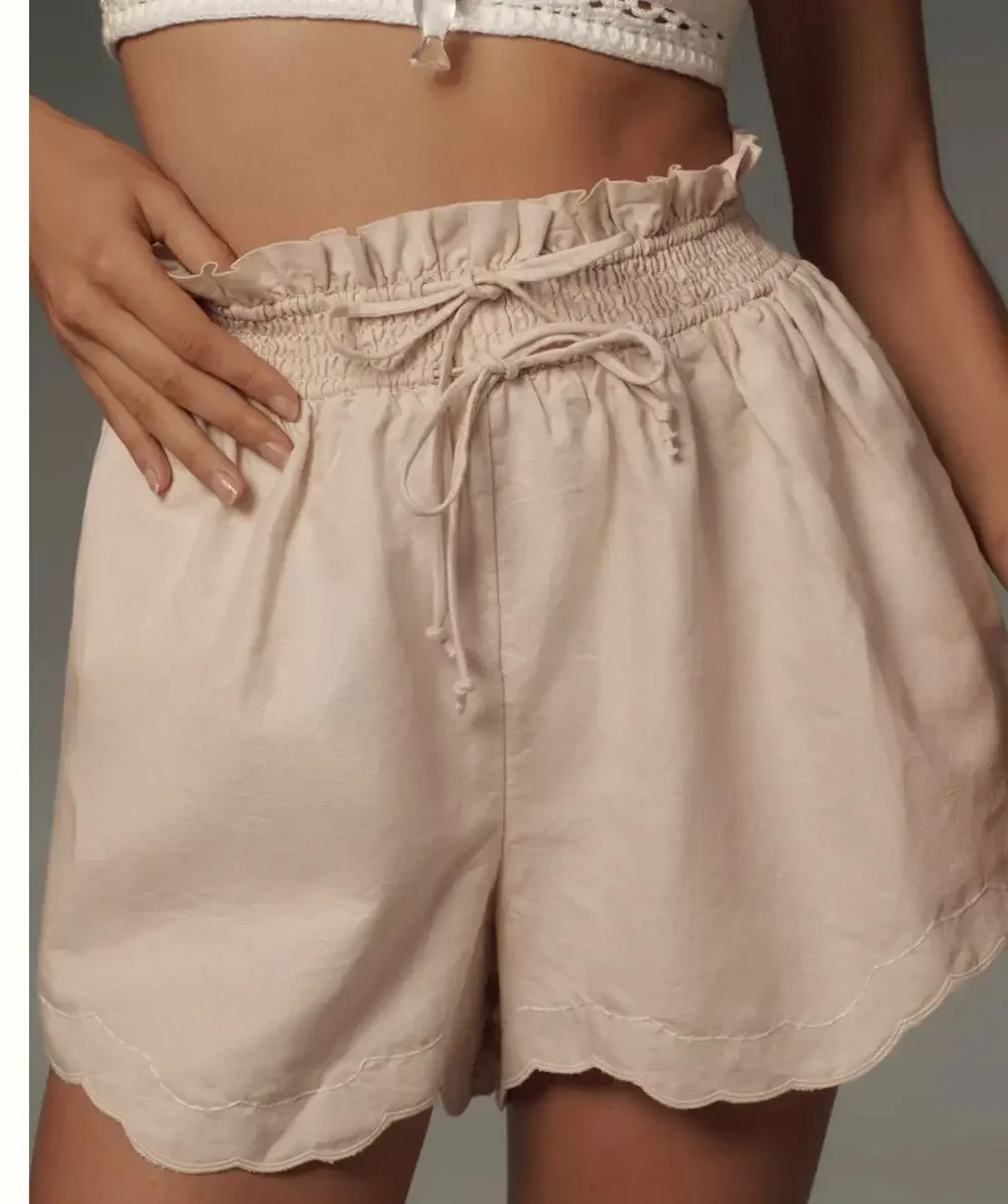 Anthropologie Linen Double Waistband Scalloped Shorts Beige, Summer, Cottagecore